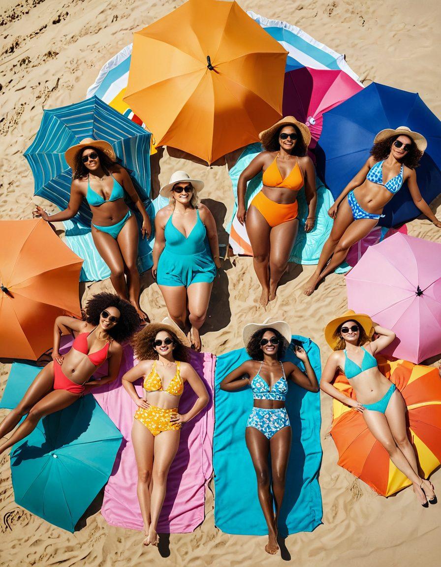 A diverse group of women of various body types confidently posing on a sunlit beach, showcasing a vibrant array of stylish swimsuits that accentuate their shapes. Bright beach umbrellas and colorful towels decorate the sandy foreground, while gentle waves can be seen in the background. The atmosphere is joyful and empowering, radiating body positivity and fashion. Include playful beach accessories like sunglasses and hats. super-realistic. vibrant colors. sunny background.