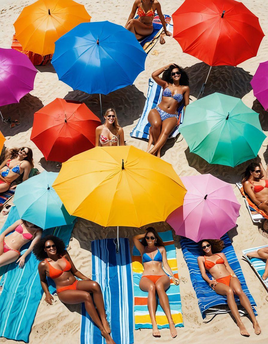 A vibrant beach scene featuring diverse models of different body types wearing flattering swimwear. Include bright umbrellas, sun loungers, and colorful beach towels in the background. Showcase natural beauty with smiles and confidence, enjoying the sun and surf. The atmosphere should be joyful and uplifting, evoking a sense of summer fun. super-realistic. vibrant colors. white background.